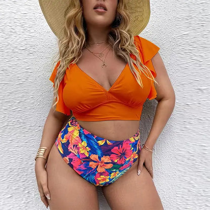 2024 Chic V Neck Playful Ruffle Sleeves Plus Size Swimsuits