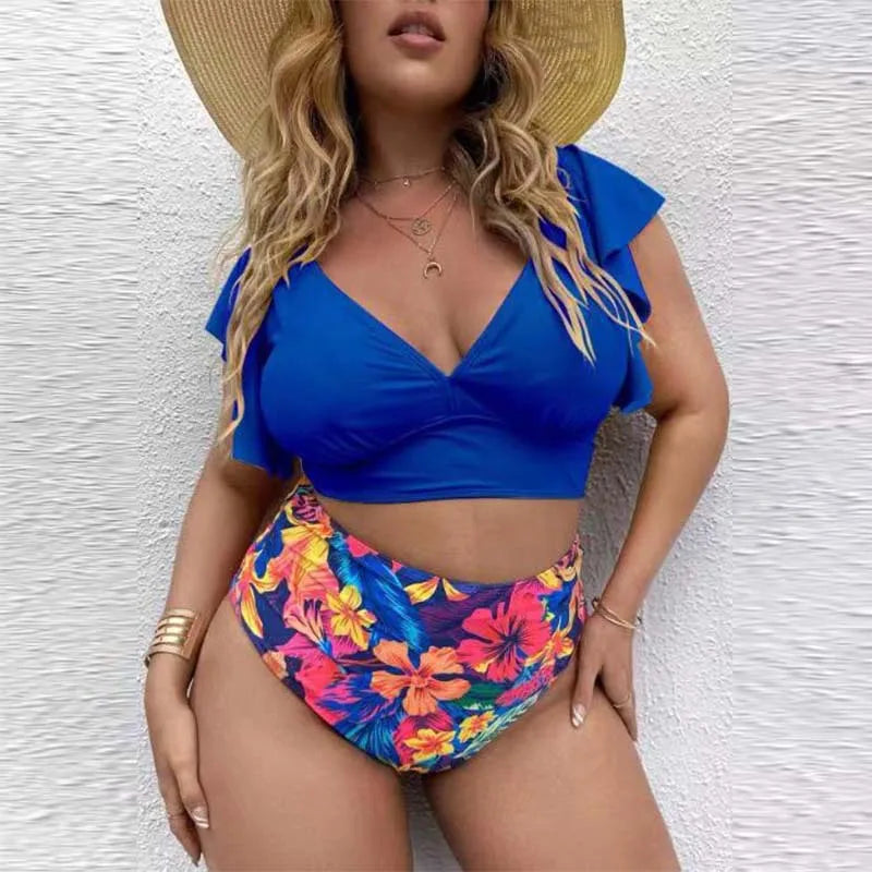 2024 Chic V Neck Playful Ruffle Sleeves Plus Size Swimsuits