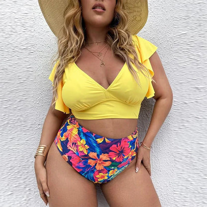 2024 Chic V Neck Playful Ruffle Sleeves Plus Size Swimsuits