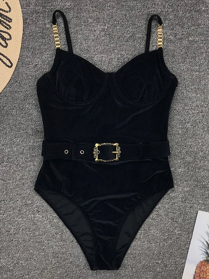 2024 Push Up Slimming Rib Black Basic Swimsuits