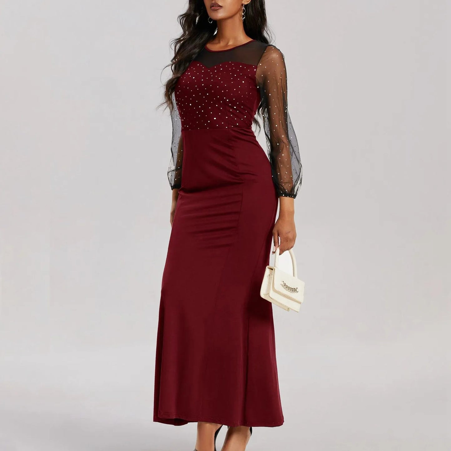 Round Neck See-Through Lantern Sleeves Sheath Fashion Party Elegant Luxury Dress