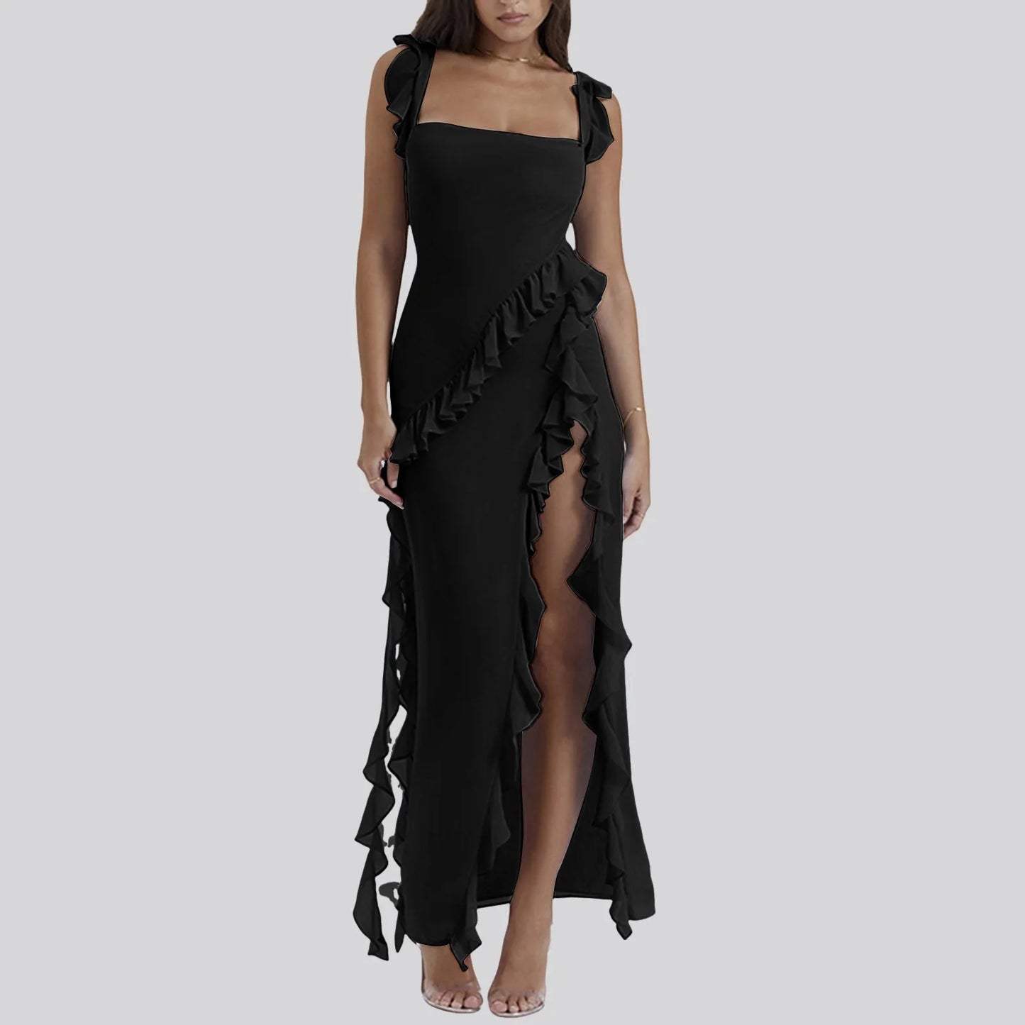 Ruffles Chiffon Maxi Dress For Women 2024 Backless Split Sexy Black Long Wedding Party Elegant Luxury Chic Female