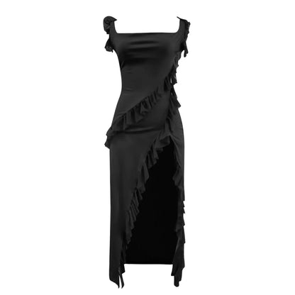 Ruffles Chiffon Maxi Dress For Women 2024 Backless Split Sexy Black Long Wedding Party Elegant Luxury Chic Female