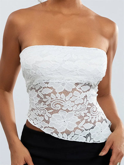 2024 Sexy Summer Fashion Tube Sleeveless Lace Floral Bustiers Irregular Hem Corsets Mini Vest  Crop Tops