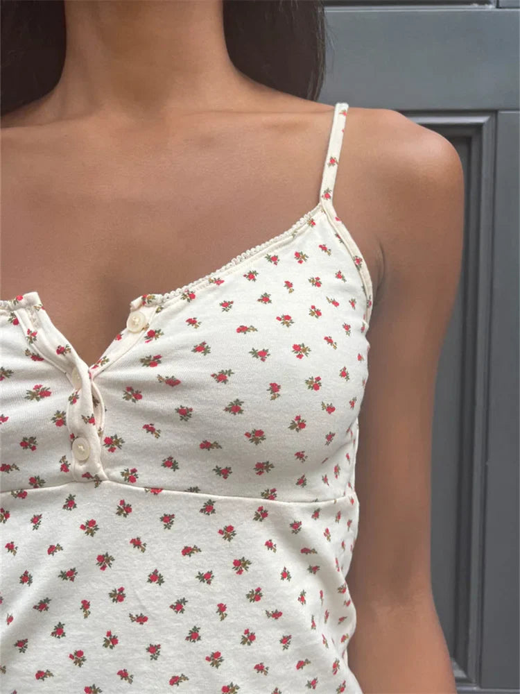 2024 Vest Sleeveless Strap V-neck Buttons Up Floral Print Casual Tank Party Street Spring Summer Camis Crop Tops