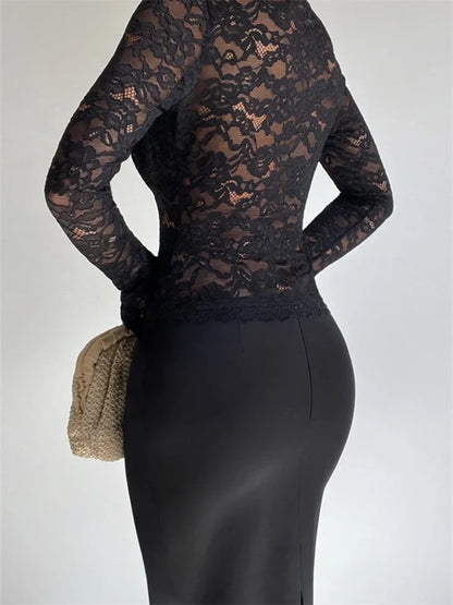 2024 Vintage Lace Mesh See Through Long Sleeve Deep V-neck Slim Fit Party Clubwear Black Tee