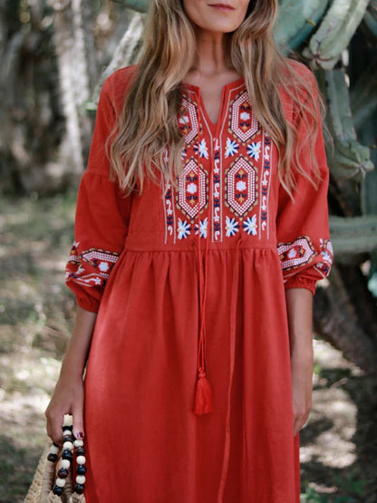 2024 Cotton Linen Embroidery A Neck Ruffle Sleeve Boho Dress