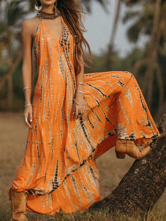 2024 Sexy Backless Halter Necktie Printed Boho Dress