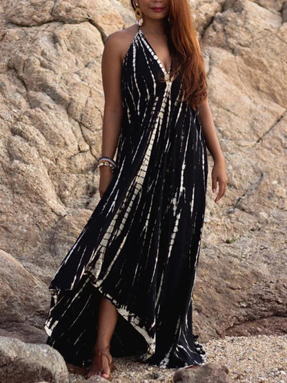 2024 Sexy Backless Halter Necktie Printed Boho Dress