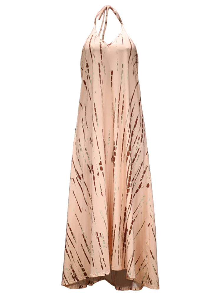 2024 Sexy Backless Halter Necktie Printed Boho Dress