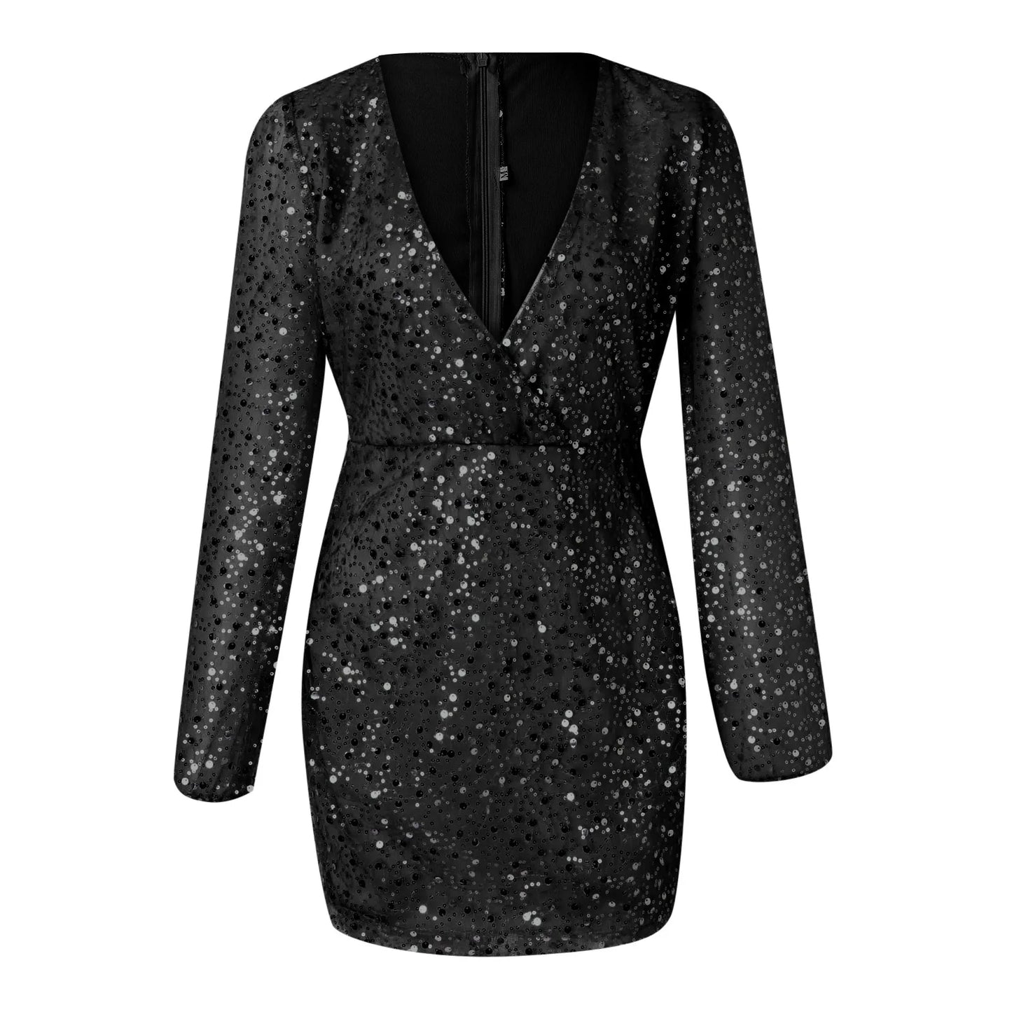 Sexy Deep V Neck Sequin Women Fashion Puff Long Sleeve High Waist Slim Mini Pencil Elegant Women Party Evening Dress