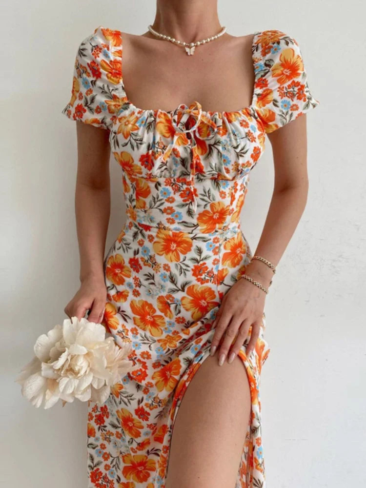 2024 Sexy Floral Short Sleeve Backless Boho Dress