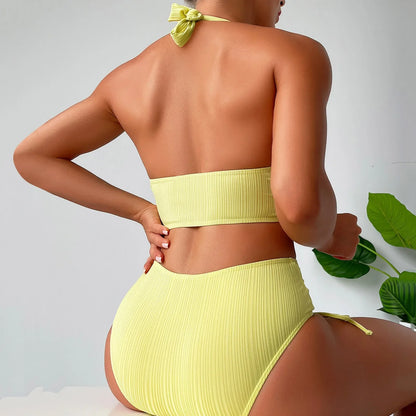 Halter Push Up Drawstrings Swim Shorts For Women Bikini Sets