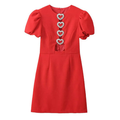 Slim Fit Red Mini Fashion Metal Love Female New Elegant Club Party Sexy Hollow Out Short Sleeve Dress