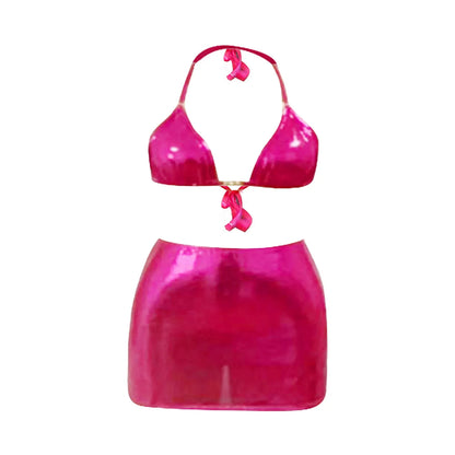 Shiny Leather Three Pieces Hot Pink Push Up Skirt Swimsuit Bikini Sets