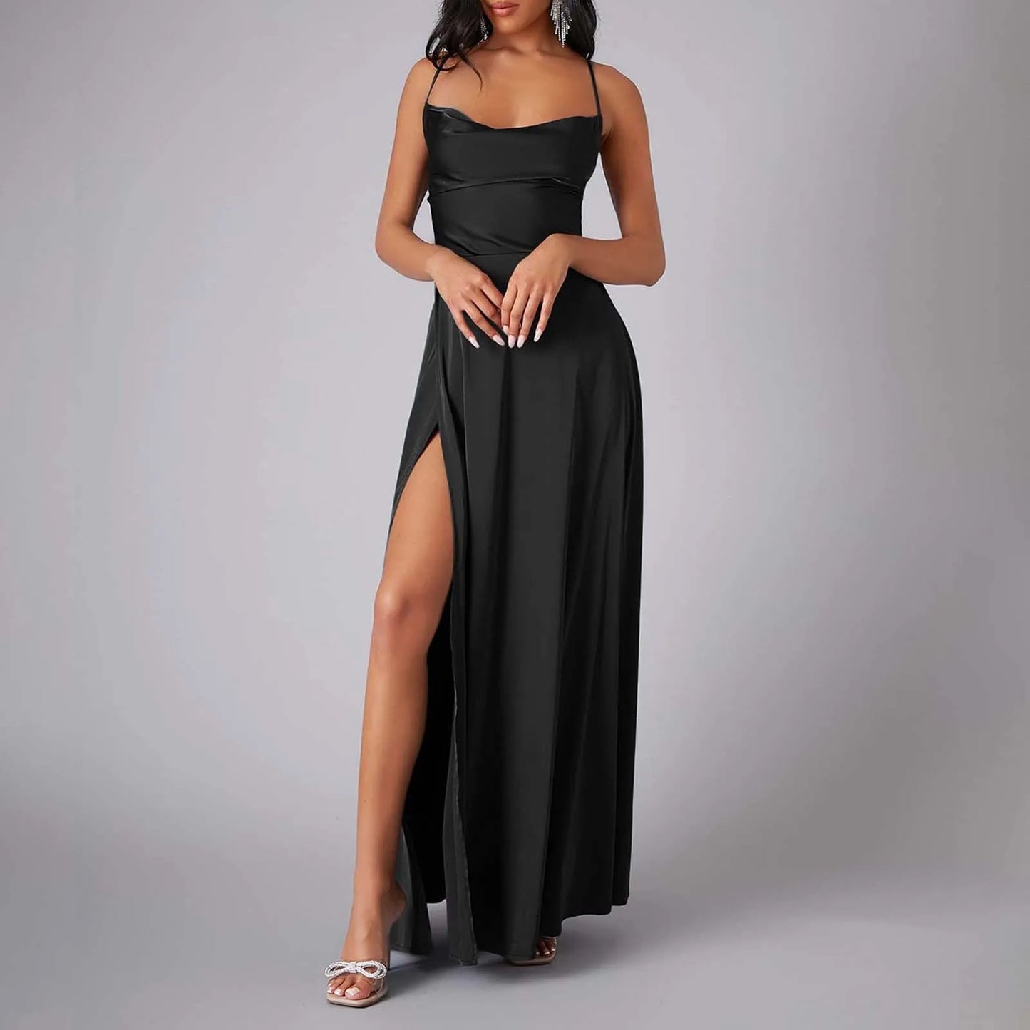 Spaghetti Straps Satin Maxi High Side Slit Sexy Backless Prom Dress