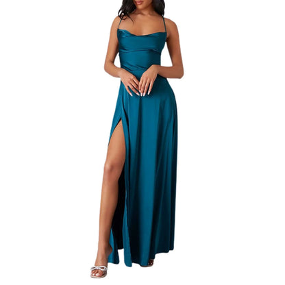 Spaghetti Straps Satin Maxi High Side Slit Sexy Backless Prom Dress