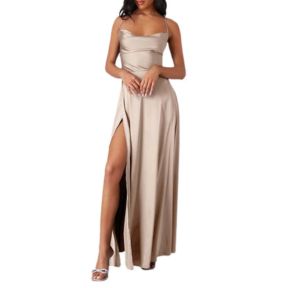 Spaghetti Straps Satin Maxi High Side Slit Sexy Backless Prom Dress