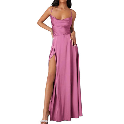 Spaghetti Straps Satin Maxi High Side Slit Sexy Backless Prom Dress