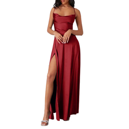 Spaghetti Straps Satin Maxi High Side Slit Sexy Backless Prom Dress