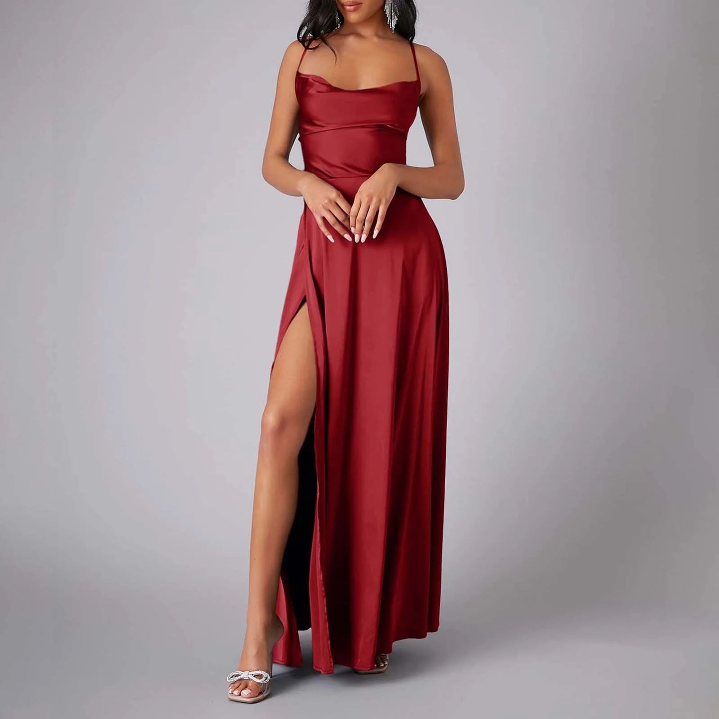 Spaghetti Straps Satin Maxi High Side Slit Sexy Backless Prom Dress