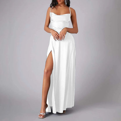 Spaghetti Straps Satin Maxi High Side Slit Sexy Backless Prom Dress