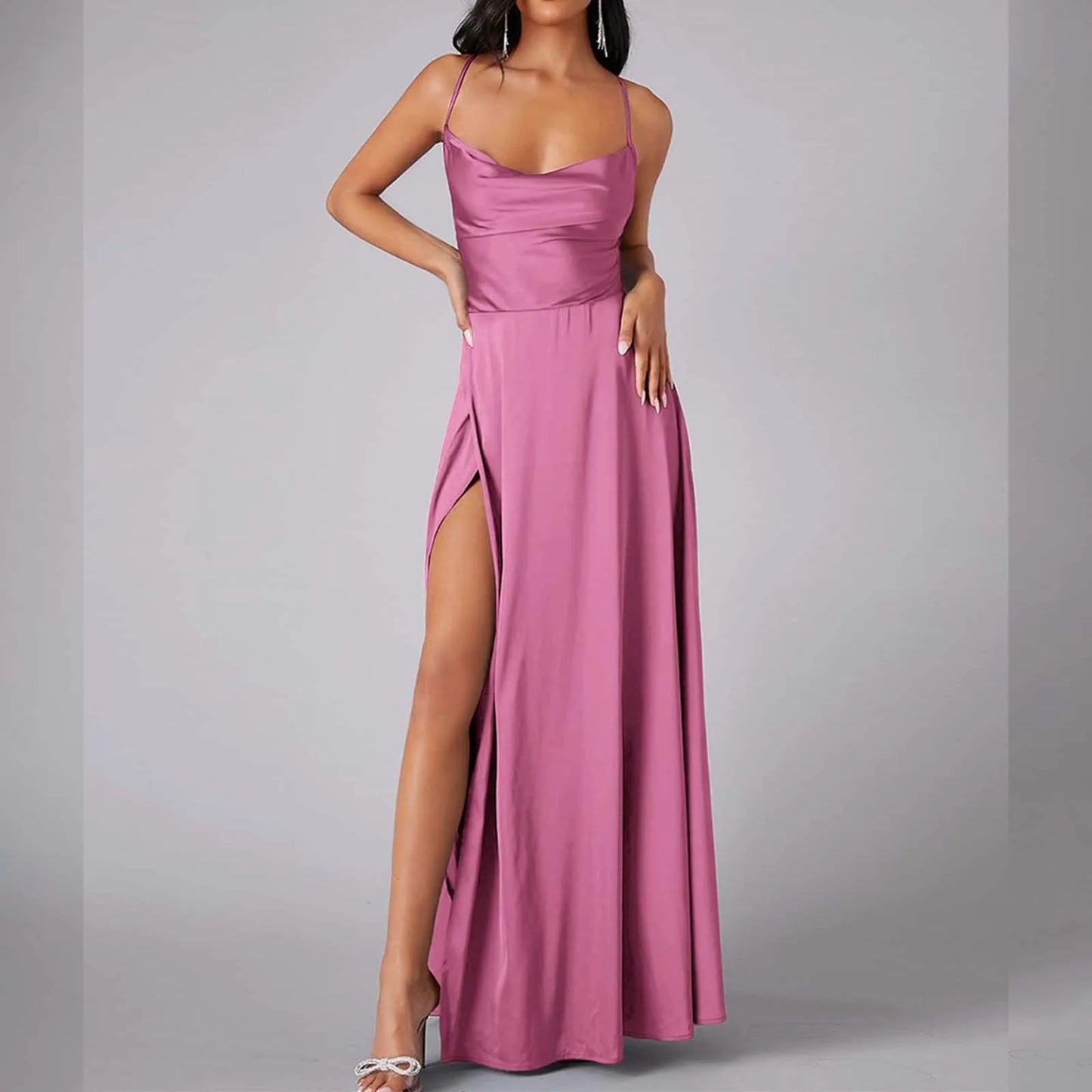 Spaghetti Straps Satin Maxi High Side Slit Sexy Backless Prom Dress