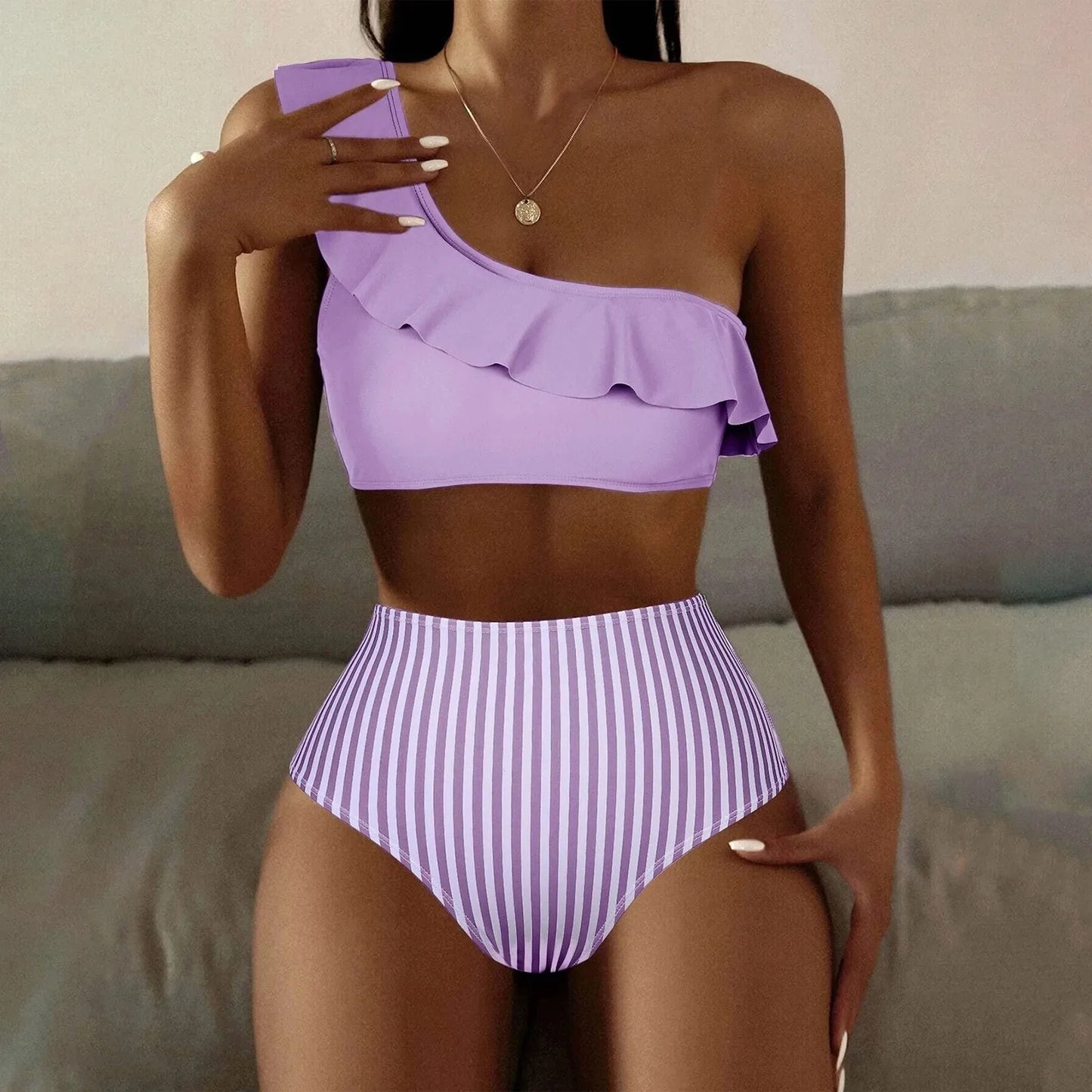 Sexy Striped Ruffle One Shoulder High Waist Tummy Control Bikini Sets