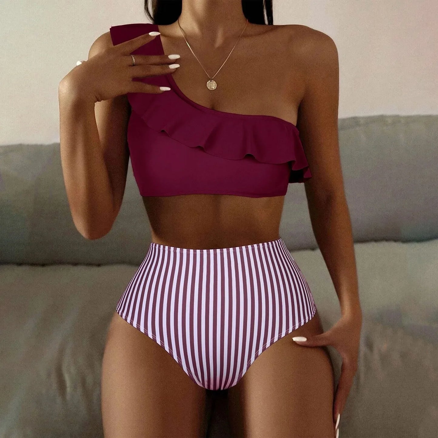 Sexy Striped Ruffle One Shoulder High Waist Tummy Control Bikini Sets