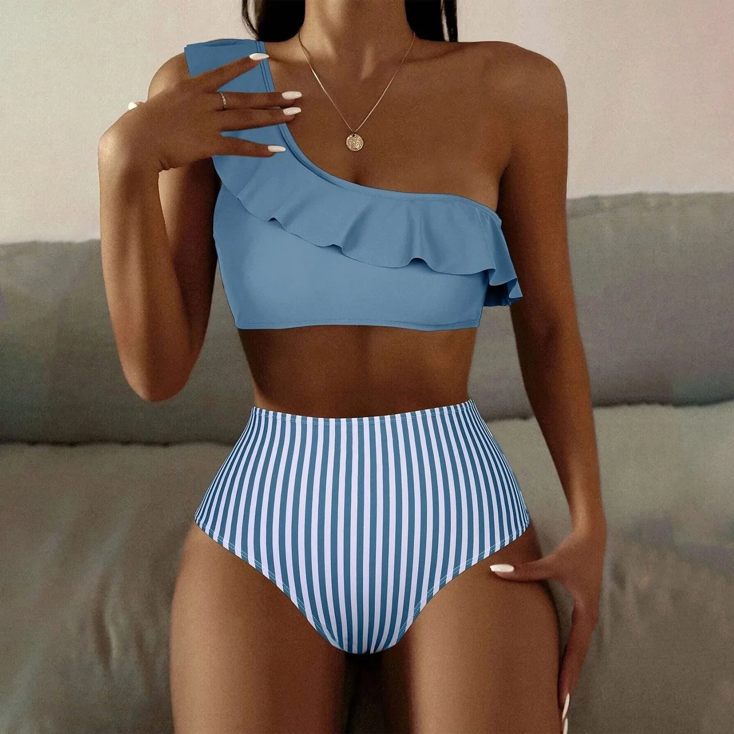 Sexy Striped Ruffle One Shoulder High Waist Tummy Control Bikini Sets