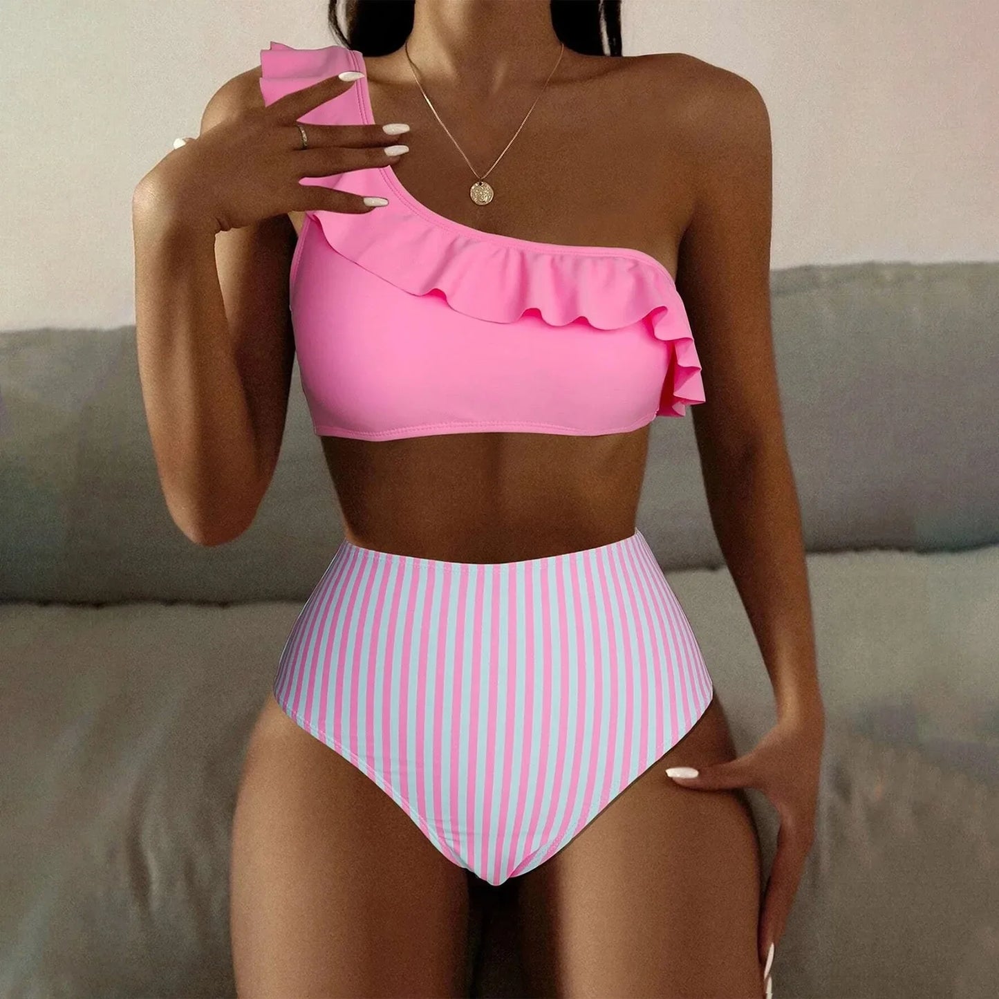 Sexy Striped Ruffle One Shoulder High Waist Tummy Control Bikini Sets