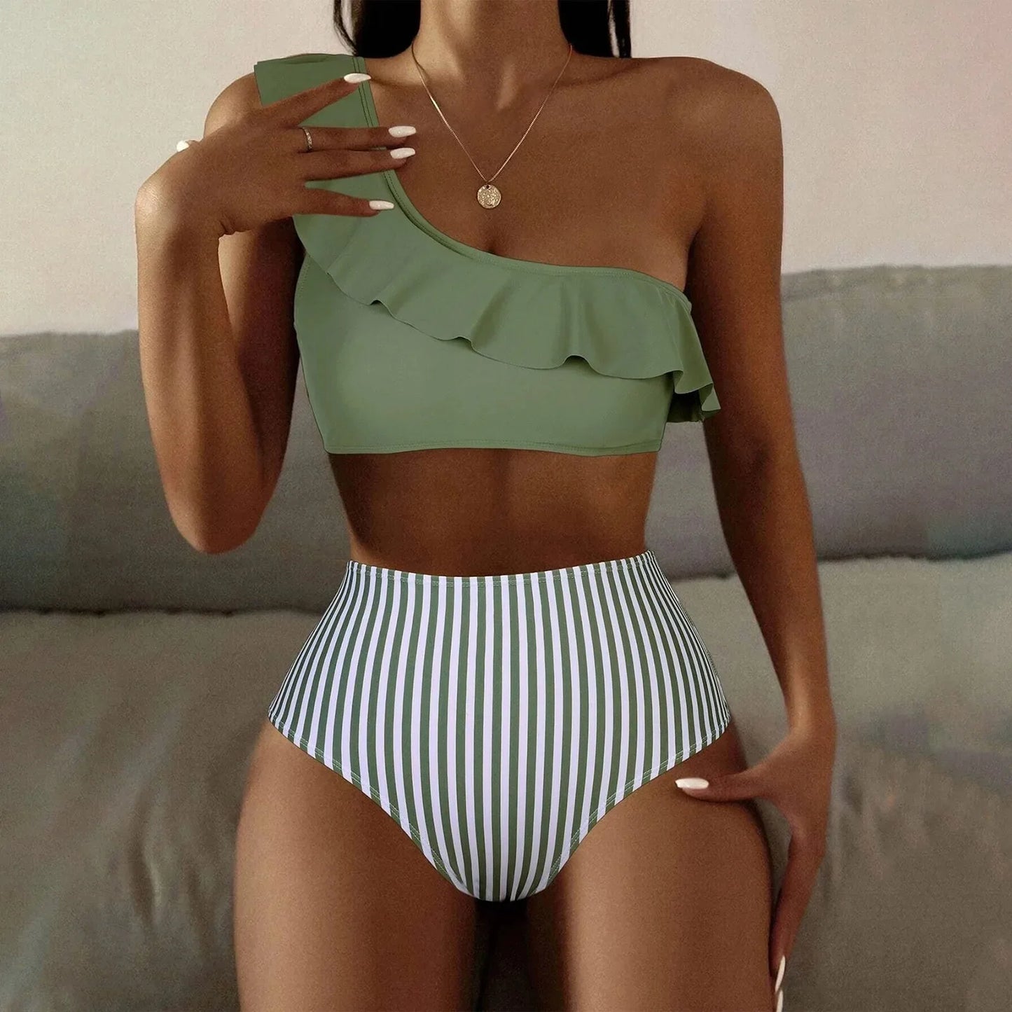 Sexy Striped Ruffle One Shoulder High Waist Tummy Control Bikini Sets