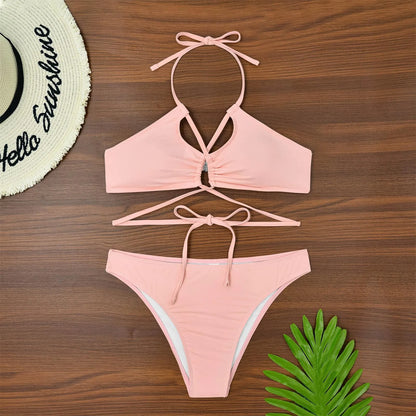 Strap Solid Lace Up Fashion Tight Two Piece Bathing Suit Bikini Sets