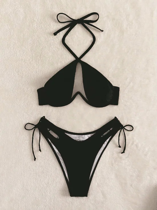 Black Halter Solid Sexy V-neck Bikini Sets