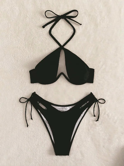 Black Halter Solid Sexy V-neck Bikini Sets