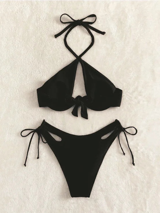 Black Halter Solid Sexy V-neck Bikini Sets