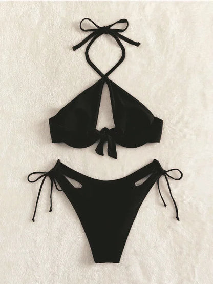 Black Halter Solid Sexy V-neck Bikini Sets