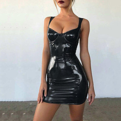 Strap PU Leather Dress Women Slim Fit Bodycon Dress Summer Night Club Party Dress Skinny Leather vestidos de verano