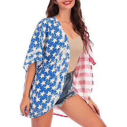 Casual Long Pareo Flag Print Loose Short Sleeve Top Bikini Sets