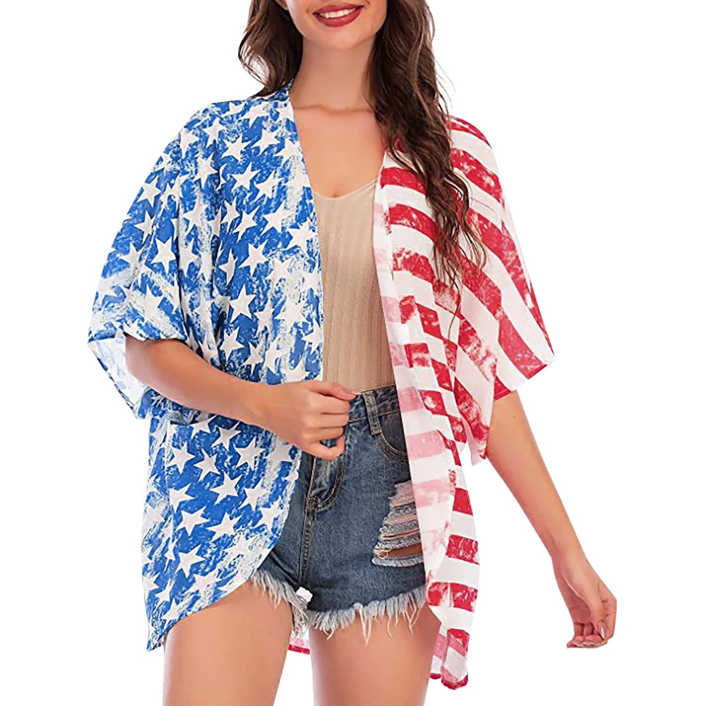 Casual Long Pareo Flag Print Loose Short Sleeve Top Bikini Sets