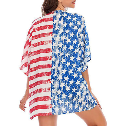 Casual Long Pareo Flag Print Loose Short Sleeve Top Bikini Sets