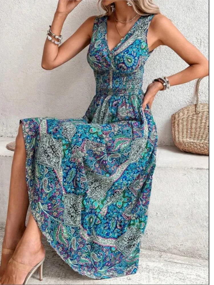 2024 Fashion Sleeveless Print Beach Casual Boho Dress