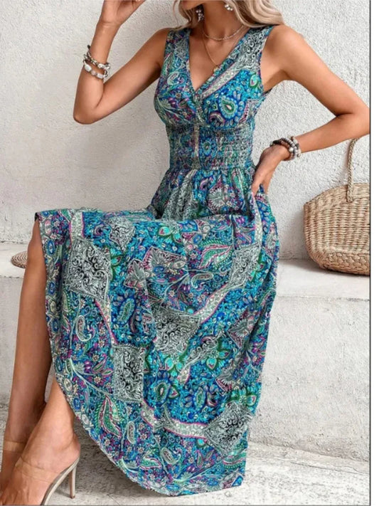 2024 Fashion Sleeveless Print Beach Casual Boho Dress