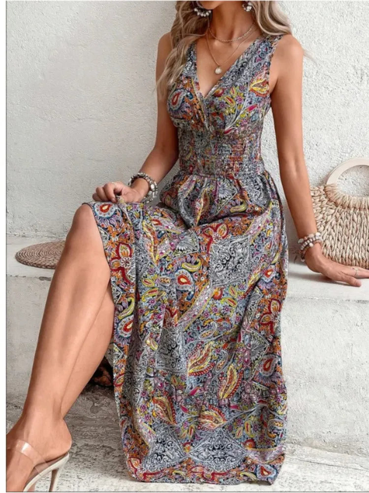 2024 Fashion Sleeveless Print Beach Casual Boho Dress