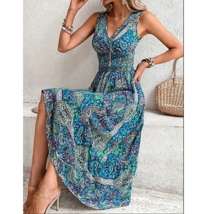 2024 Fashion Sleeveless Print Beach Casual Boho Dress