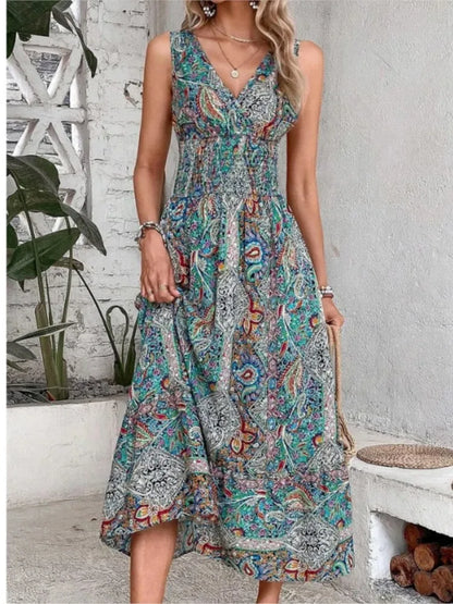 2024 Fashion Sleeveless Print Beach Casual Boho Dress