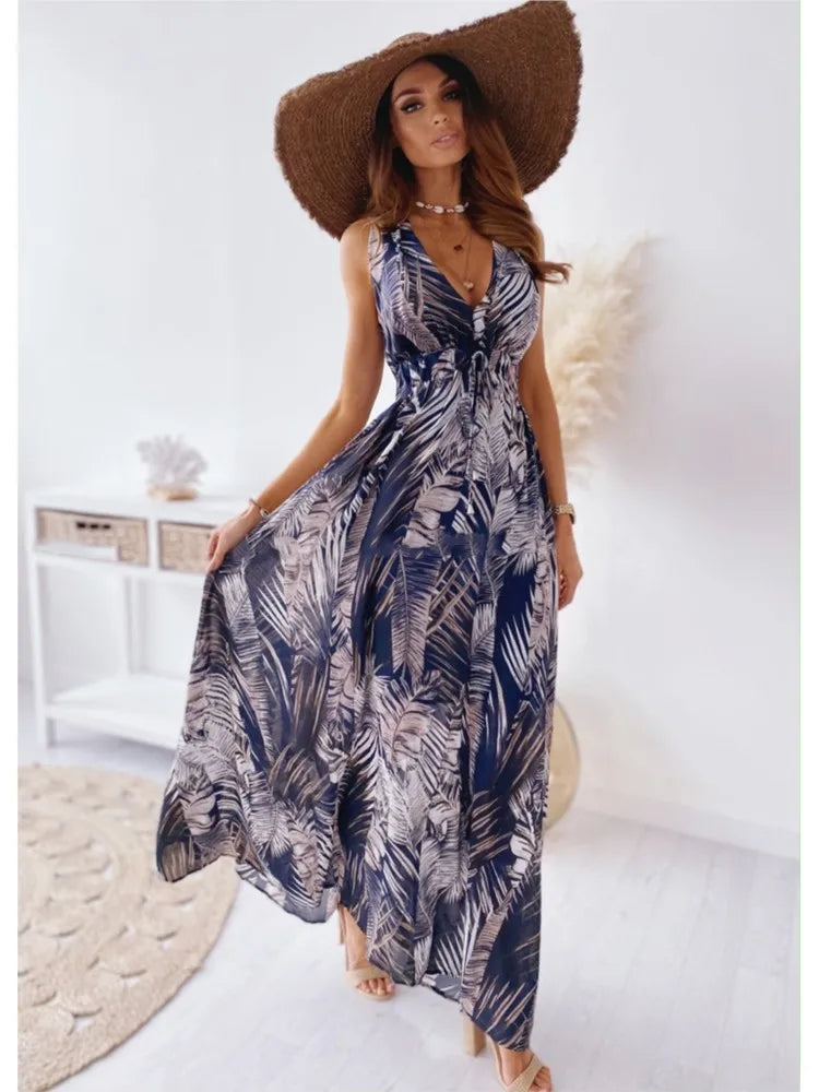 2024 Elegant Summer Holiday Deep V-Neck Boho Dress