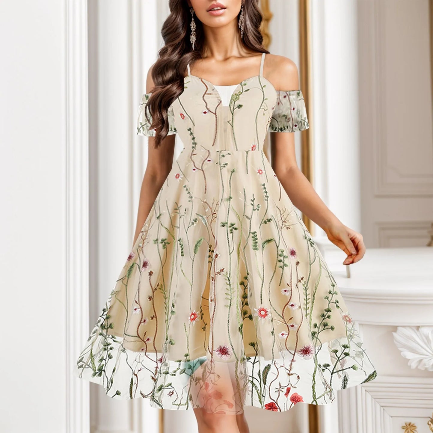 Summer Floral Embroidery Mesh Patchwork Off Shoulder Spaghetti Strap A-Line Midi Dress