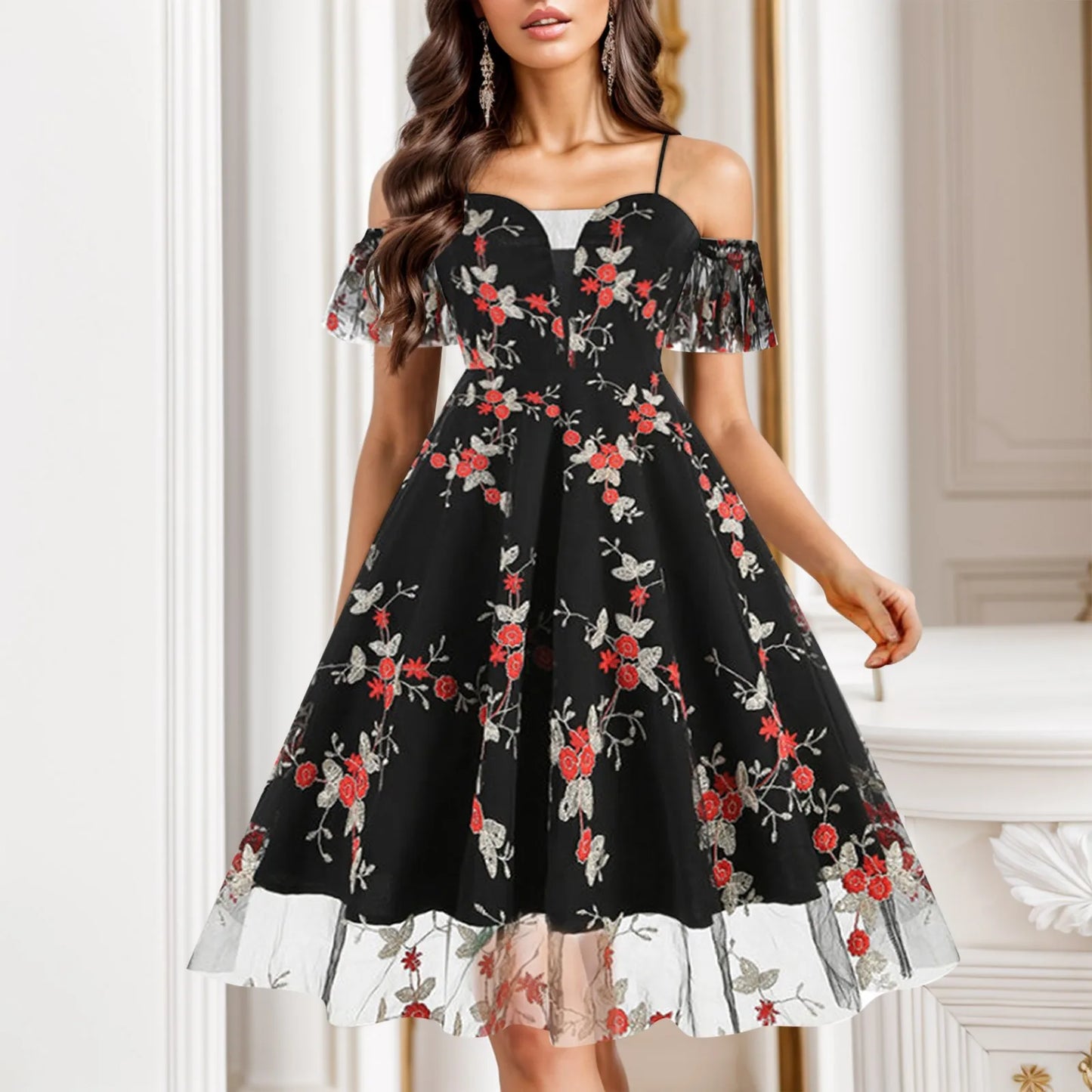 Summer Floral Embroidery Mesh Patchwork Off Shoulder Spaghetti Strap A-Line Midi Dress