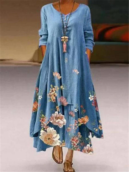 2024 Summer Floral Print Long Sleeve Maxi Boho Dress